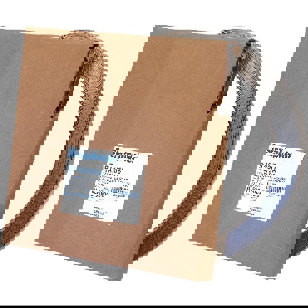 Steel & Plastic Strapping; Dispenser Type: Self-Dispensing Carton ; Overall Length: 100.00 ; Breaking Strength (Lb.) (Lbs): 1800 ; Width (Inch): 3/4 ; Length (Feet): 100 ; Material: Stainless Steel